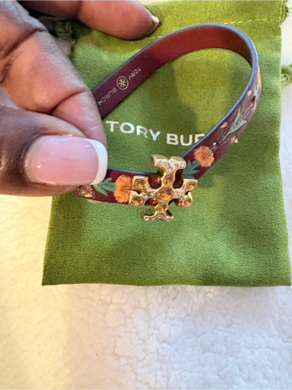 Tory Burch Purple Floral Leather Bracelet with Gold Logo